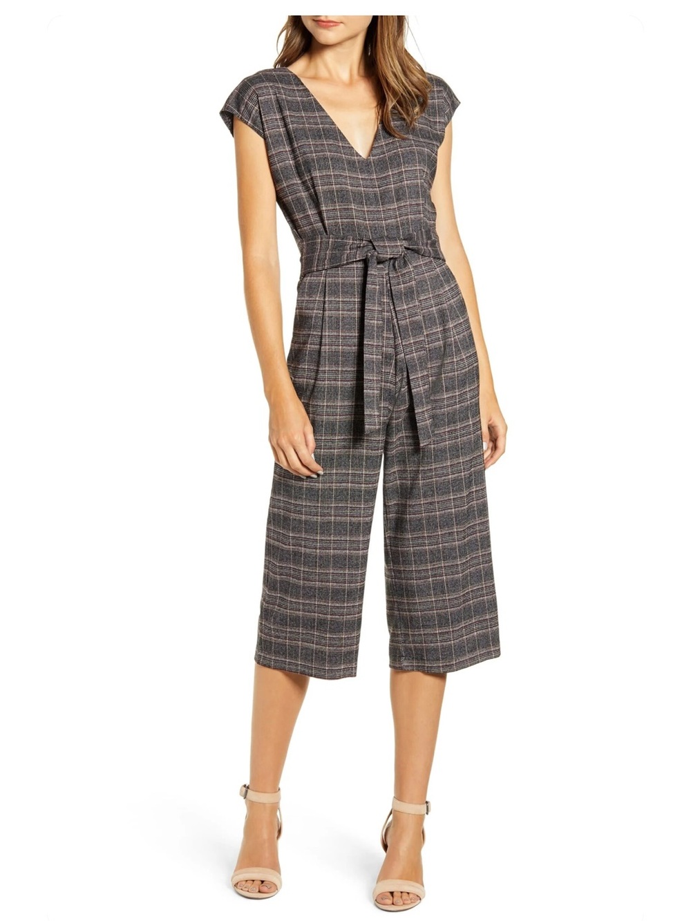 Bishop + Young Plaid Belted Culotte Jumpsuit Fall Career Chic M